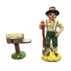 Vintage 98IRS China Lead Figure Man Holding Shovel & Mailbox 1.25" Hand Painted